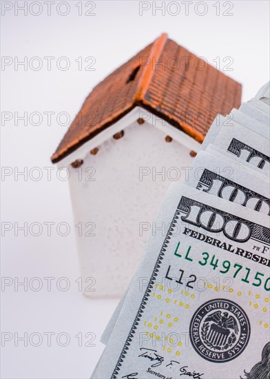 US Dollar banknotes by the side of a model house