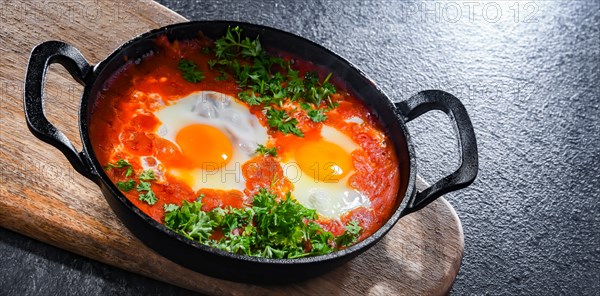 Shakshouka dish in a cast iron pan