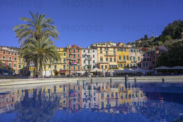 Row of houses reflected in a fountain