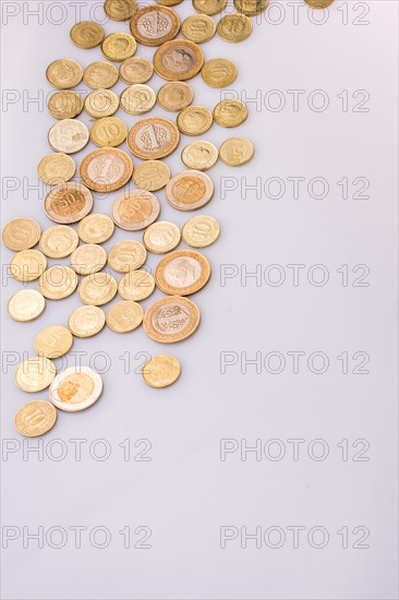 Turkish Lira coins together shape a round circle form on white background