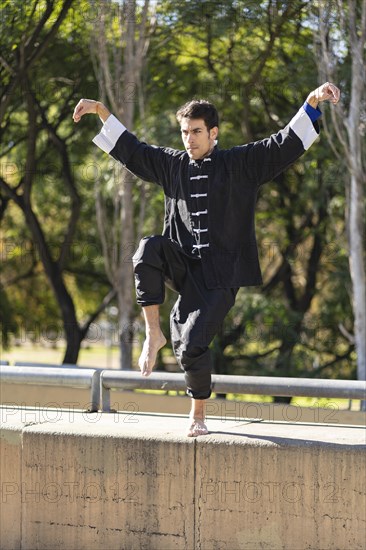 Young man practicing Kung Fu in the park