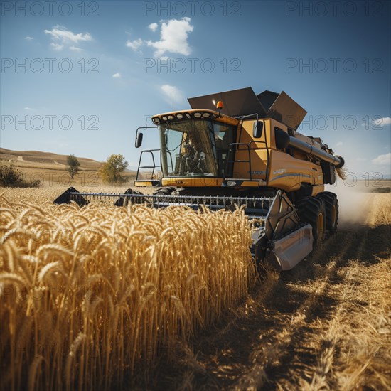 A combine harvester cuts the grain in a field