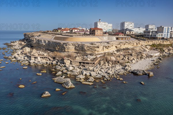 Aerial of the sandstone cliffs and promenade in Aktau