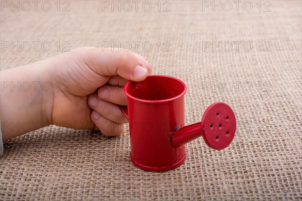 Hand holding a watering can on a canvas background
