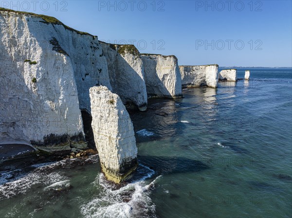 Aerial view of the chalk coast Old Harry Rocks