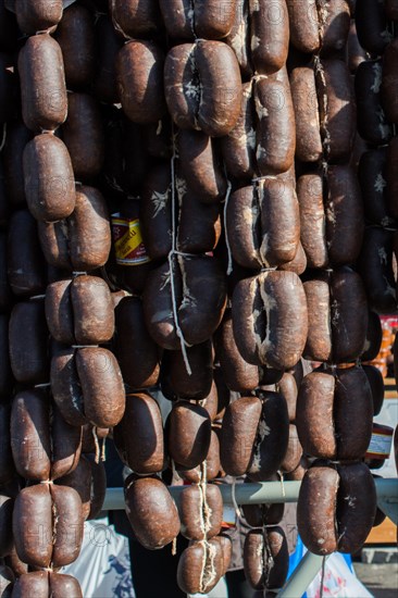 Traditional Turkish style dried sausages in view