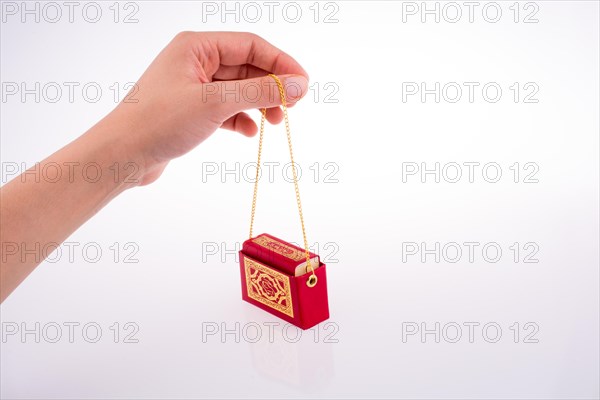 Hand holding The Holy Quran on a white background