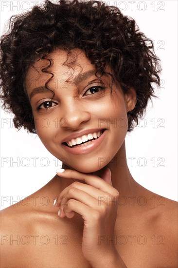 African American skincare models with perfect skin and curly hair. Beauty spa treatment concept