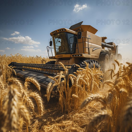 A combine harvester cuts the grain in a field