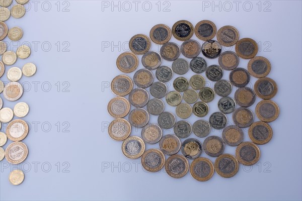 Turkish Lira coins together shape a round circle form on white background