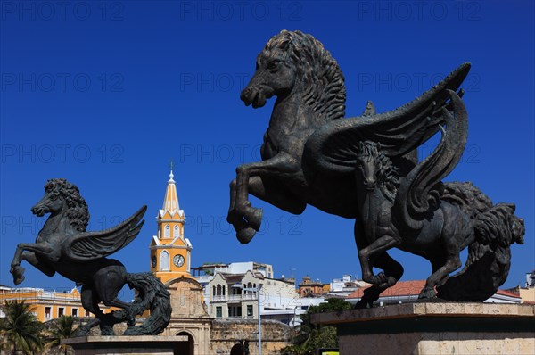 Puerta del Reloj Tower and Horse Statue Monumento a los Pagasos