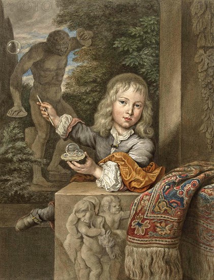 Boy blowing and playing soap bubbles
