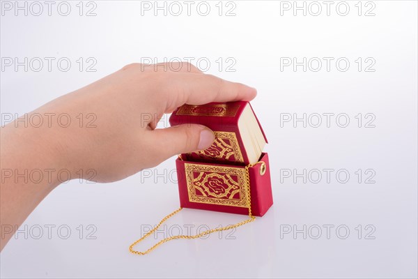 Hand holding The Holy Quran on a white background