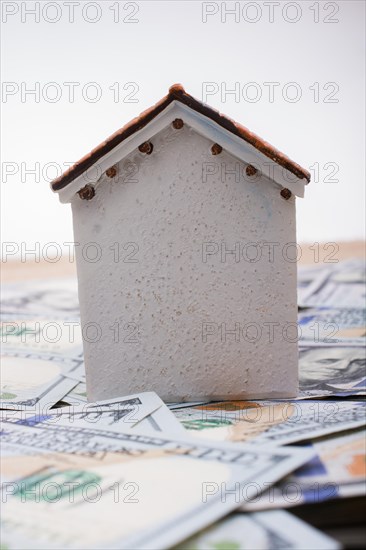 Model house is placed US dollar Banknotes on spread on the background