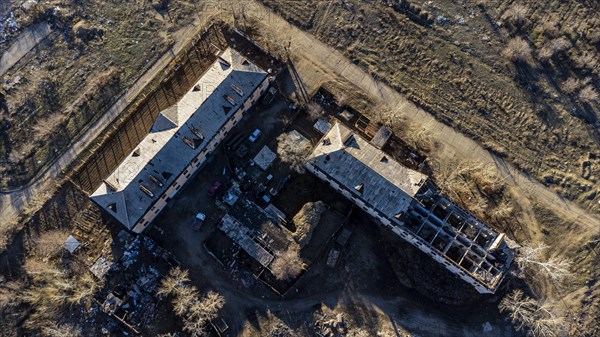 Aerial of collapsed buildings in Kurchatov