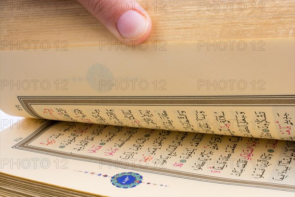 Hand holding The Holy Quran on a white background