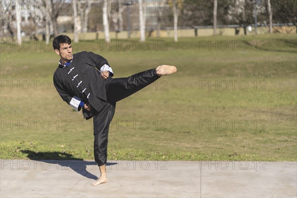 Young man practicing Kung Fu in the park