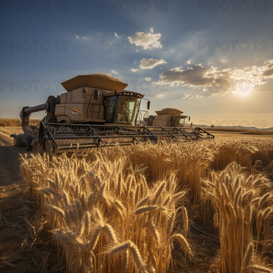 A combine harvester cuts the grain in a field