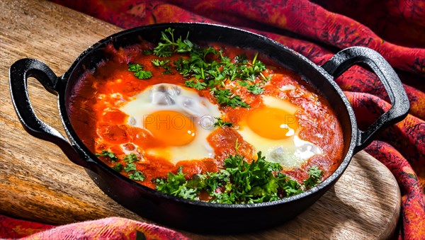 Shakshouka dish in a cast iron pan