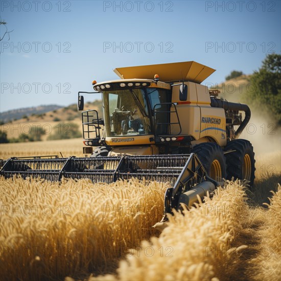 A combine harvester cuts the grain in a field