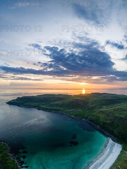 Panorama of Calgary Beach and Bay at sunset from a drone