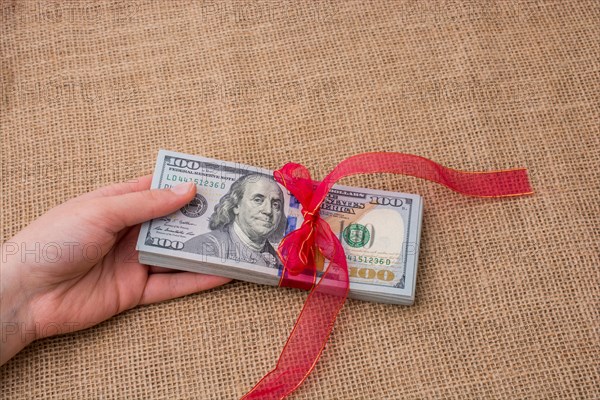 Banknote bundle of US dollar tied with colorful a ribbon