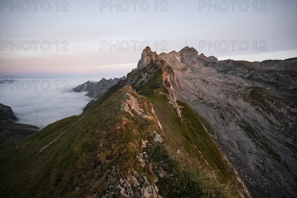 View of the summit of Saentis and Lisengrat at sunrise