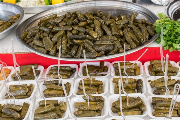 Hands making stuffed grape leaves in Turkish style