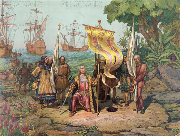 Columbus takes possession of the new land. Christopher Columbus kneeling