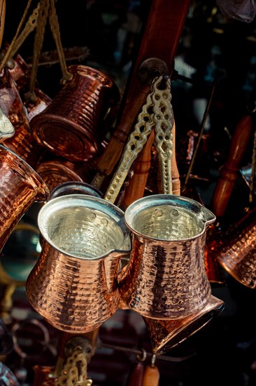 Turkish coffee pots made of metal in a traditional style