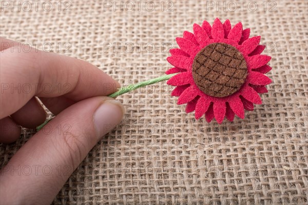 Fake flower in the hand of a child on brown background