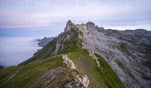 View of the summit of Saentis and Lisengrat at sunrise