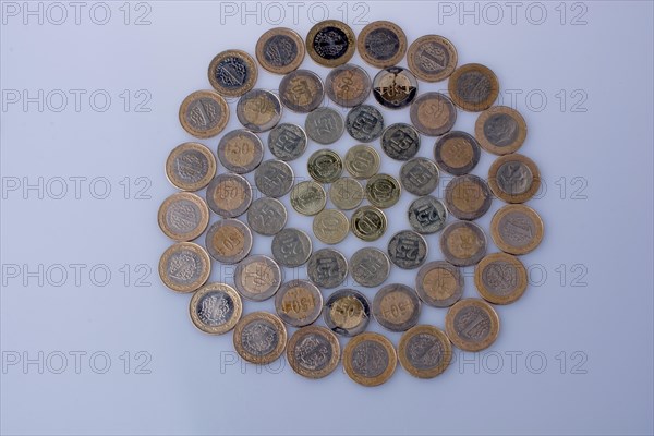 Turkish Lira coins together shape a round circle form on white background