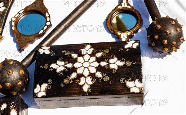 Ancient style wooden treasure chest with mother of pearl inlay