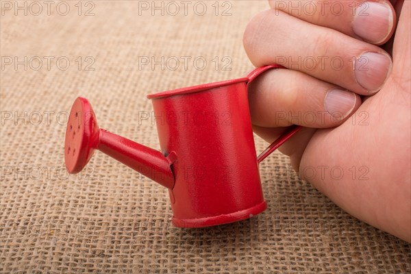 Hand holding a watering can on a canvas background