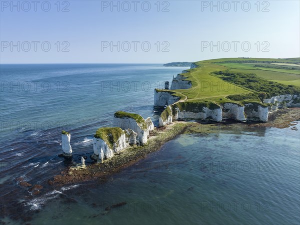 Aerial view of the chalk coast Old Harry Rocks