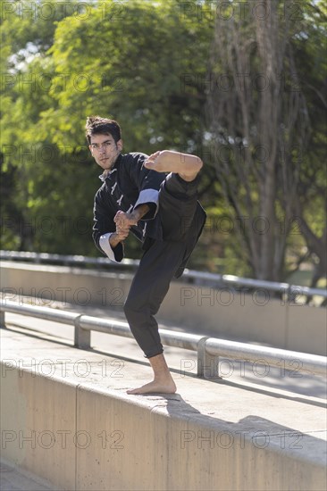 Young man practicing Kung Fu in the park