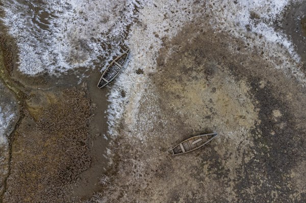 Aerial of the salty grounds of the Aral lake