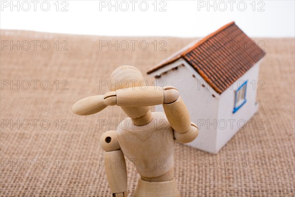 Model house and a wooden man figure on a canvas