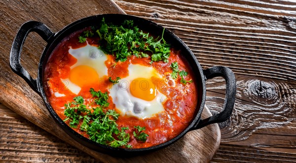 Shakshouka dish in a cast iron pan