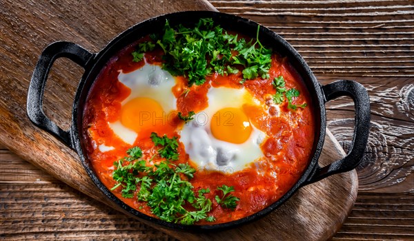 Shakshouka dish in a cast iron pan