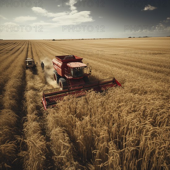 A combine harvester cuts the grain in a field