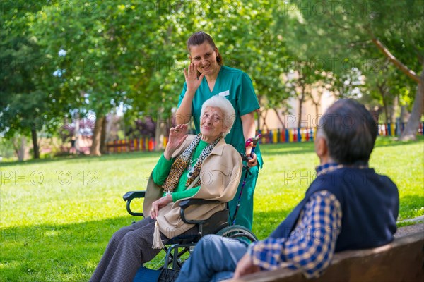 An elderly woman with the nurse on a walk through the garden of a nursing home in a wheelchair and greeting an elderly man