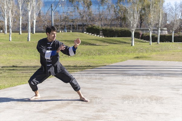 Young man practicing Kung Fu in the park