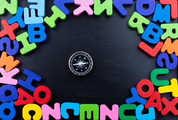 Compass and Colorful Letters of Alphabet made of wood