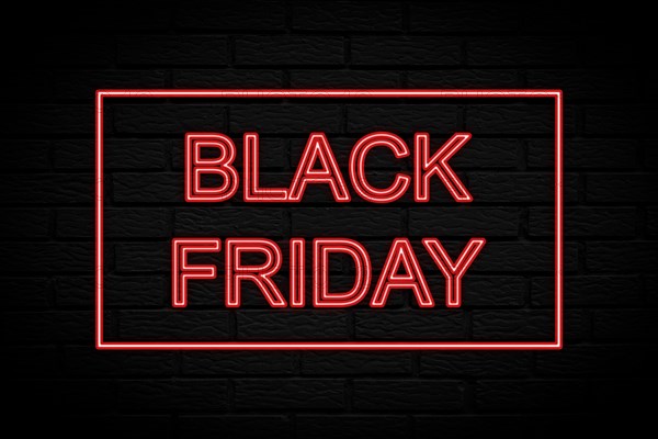 Black friday. 3d lettering. Neon lights on black brick background