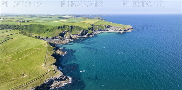 Aerial panorama of the coastline at Port Isaac