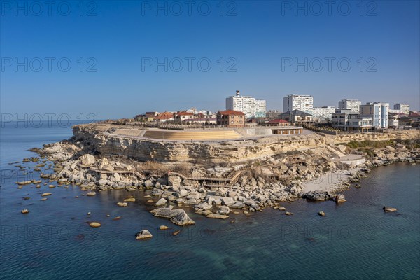 Aerial of the sandstone cliffs and promenade in Aktau