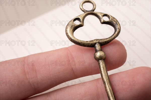 Hand holding a retro styled golden color decorative key