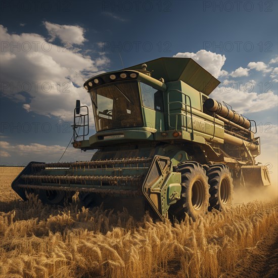 A combine harvester cuts the grain in a field